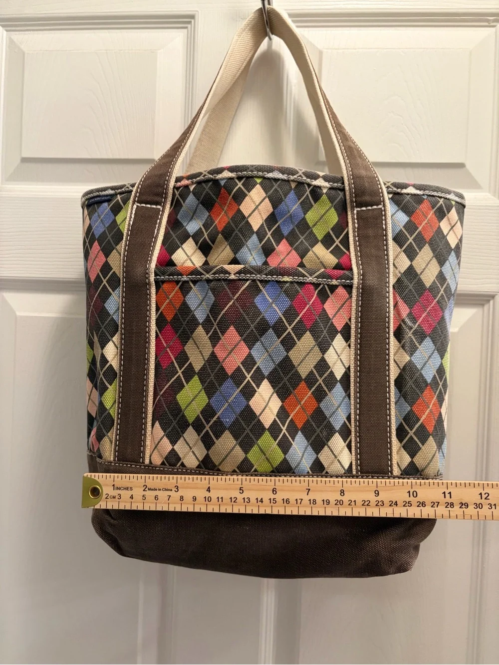 Lands’ End Medium Canvas Argyle Tote Bag Brown Multicolor